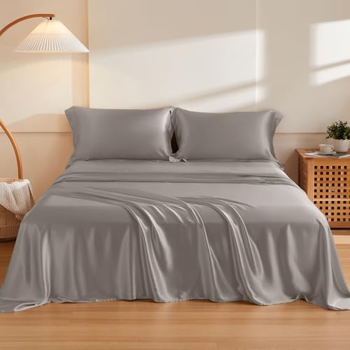 THXSILK Silk Sheet Set 4Pcs 6A Top Grade 100 Natural Mulberry Silk Bed Sheets Smooth Cooling Luxury Bedding Sets Ultra Soft Durable 1 Fitted Sheet 1 Flat Sheet and 2 Pillow Shams Queen Grey - Image 1