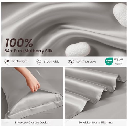 THXSILK Silk Sheet Set 4Pcs 6A Top Grade 100 Natural Mulberry Silk Bed Sheets Smooth Cooling Luxury Bedding Sets Ultra Soft Durable 1 Fitted Sheet 1 Flat Sheet and 2 Pillow Shams Queen Grey - Image 3