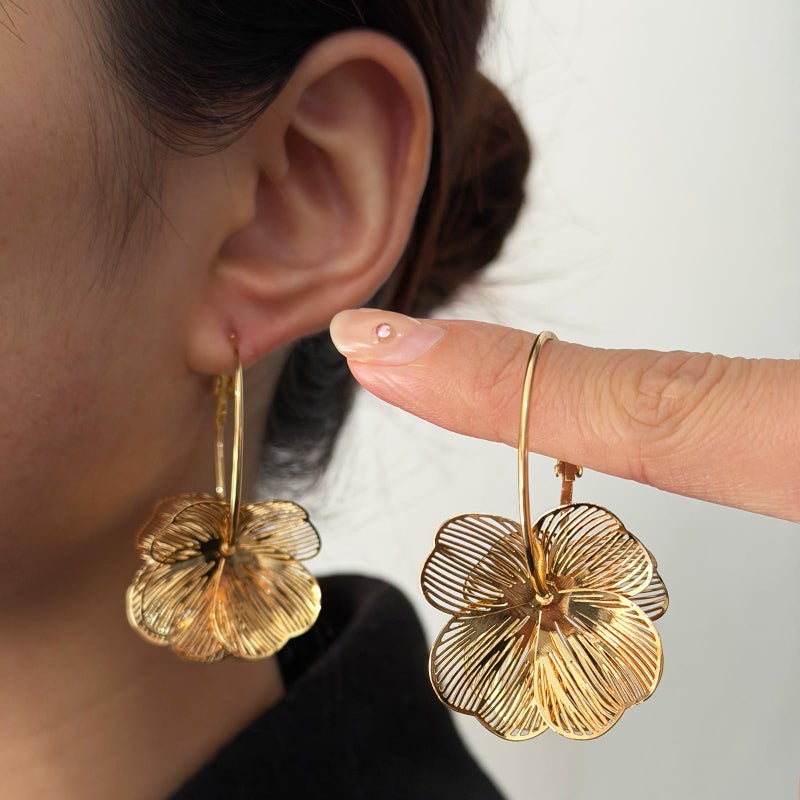 HTH Flower Earrings for Women Gold Flower Floral Hoop Drop Dangle Earrings (Gold) - Image 3