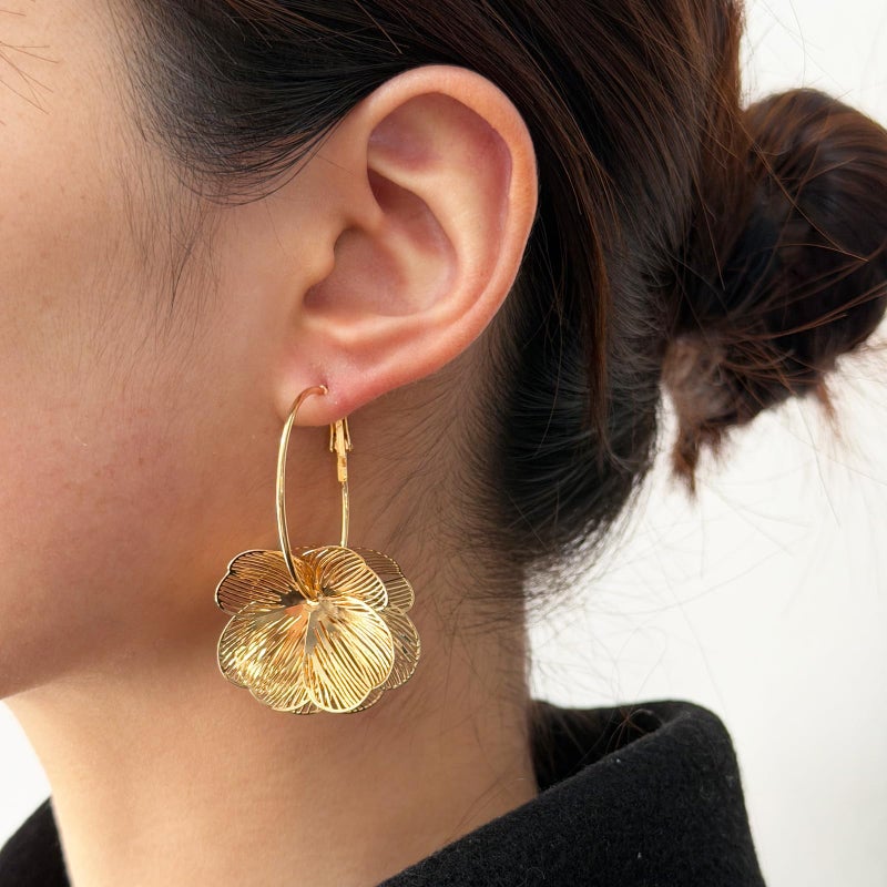 HTH Flower Earrings for Women Gold Flower Floral Hoop Drop Dangle Earrings (Gold) - Image 2