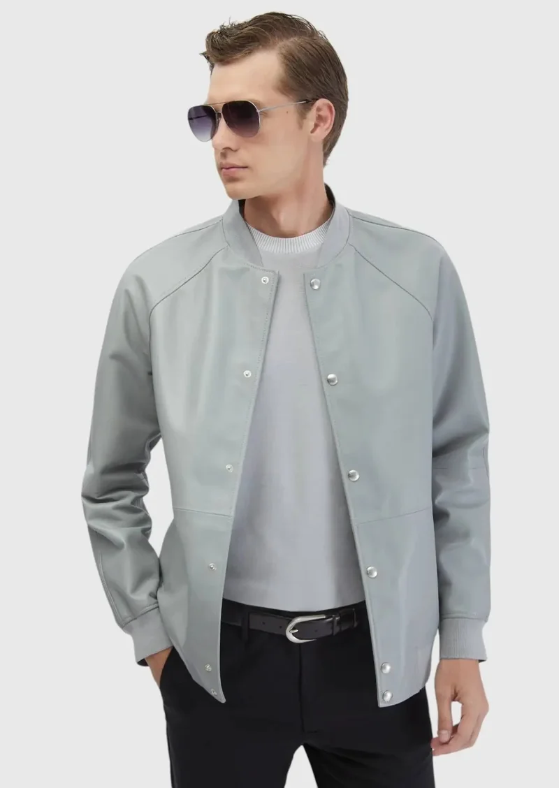 رامسي معطف جلدي رمادي بياقة عالية وقصة عادية من جلد الغنم، مناسب للإطلالات الكاجوال