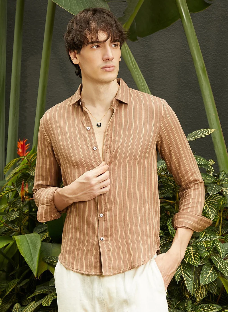 Campus Sutra Men's Tan Brown Halo Striped Shirt