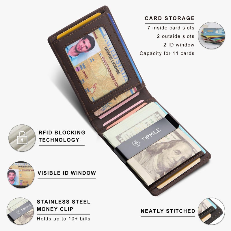 Tipmile RFID Wallet for Men Air Tag, Slim Front Pocket Bifold Wallet with Money Clip, Minimalist Leather Credit Card Holder Thin Small 2 ID Windows - Image 4