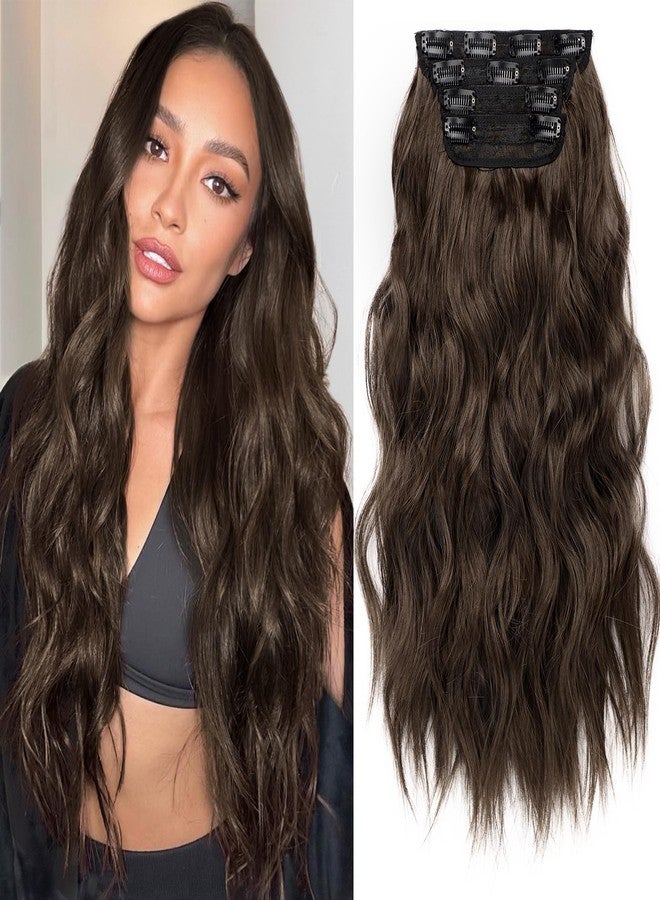 KooKaStyle Hair Extensions Long Wavy 4PCS Thick clip in hair extensions Hairpieces Chocolate Brown Fiber Double Weft Natural Synthetic Hair Extensions 20 Inch for Women - Image 1