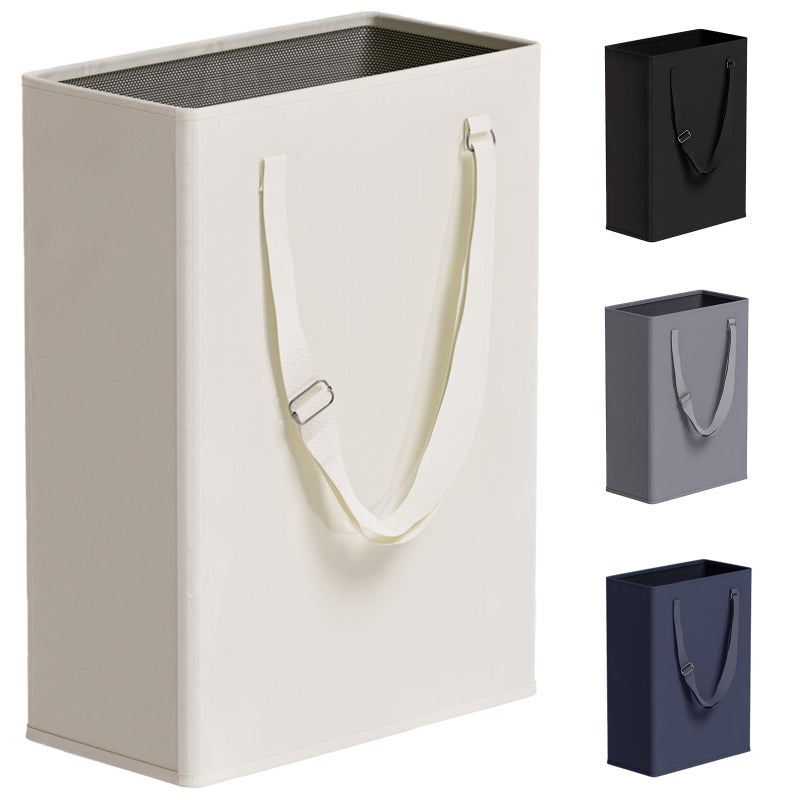 TECHMILLY Slim Laundry Hamper with Adjustable Long Handles 45L Small Laundry Baskets with Mesh Top Narrow Dirty Clothes Hamper for Bedroom Closet and Bathroom  Beige 