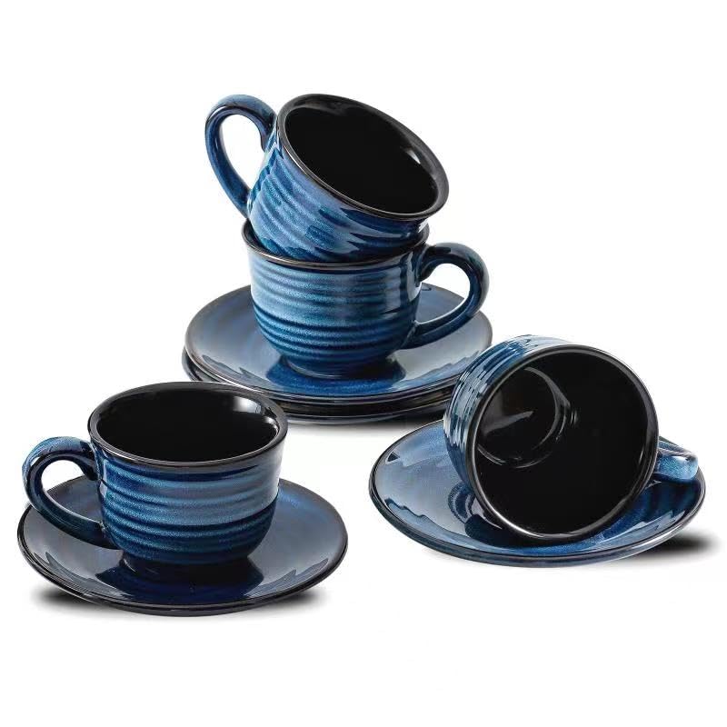 Hasense Espresso Cups Set of 4 4 Ounce Ceramic Cappuccino Cup with Saucers Small Coffee Mugs for Espresso Shots Cappuccino Tea Latte Demitasse Navy Blue