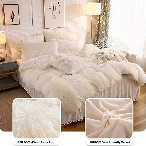 LIFEREVO Luxury Plush Shaggy Duvet Cover Set, Soft Velvet Fluffy Furry Duvet Cover Set(1 Faux Fur Fuzzy Comforter Cover+1 Pom Pom Pillow Case) Bedding Set,Zipper Closure(Twin/Twin XL,Light Beige) - Image 5