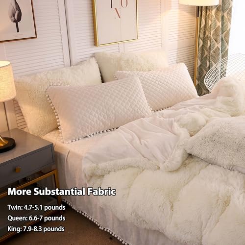 LIFEREVO Luxury Plush Shaggy Duvet Cover Set, Soft Velvet Fluffy Furry Duvet Cover Set(1 Faux Fur Fuzzy Comforter Cover+1 Pom Pom Pillow Case) Bedding Set,Zipper Closure(Twin/Twin XL,Light Beige) - Image 4