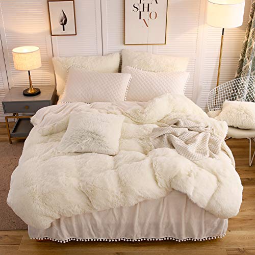 LIFEREVO Luxury Plush Shaggy Duvet Cover Set, Soft Velvet Fluffy Furry Duvet Cover Set(1 Faux Fur Fuzzy Comforter Cover+1 Pom Pom Pillow Case) Bedding Set,Zipper Closure(Twin/Twin XL,Light Beige) - Image 1