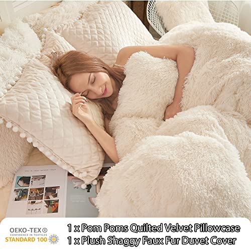 LIFEREVO Luxury Plush Shaggy Duvet Cover Set, Soft Velvet Fluffy Furry Duvet Cover Set(1 Faux Fur Fuzzy Comforter Cover+1 Pom Pom Pillow Case) Bedding Set,Zipper Closure(Twin/Twin XL,Light Beige) - Image 3