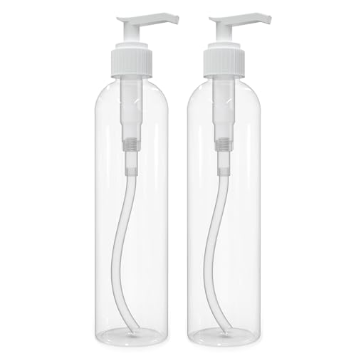 BRIGHTFROM Lotion Pump Bottles, Empty 8 OZ, BPA-Free, PET Refillable Plastic Containers, Clear with White Dispenser for - Soap, Shampoo, Lotions, Liquid Body Soap, Creams and Massage Oil (2 Pack) - Image 1