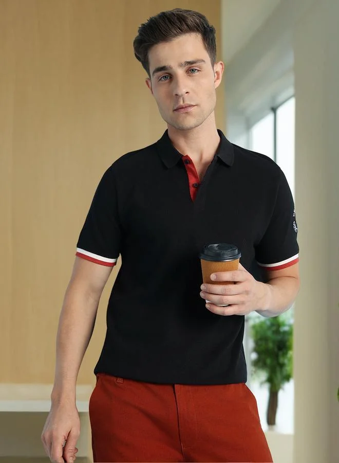 دينيس لينغو تيشيرت رجالي أسود بياقة بيكيه بقصة عادية