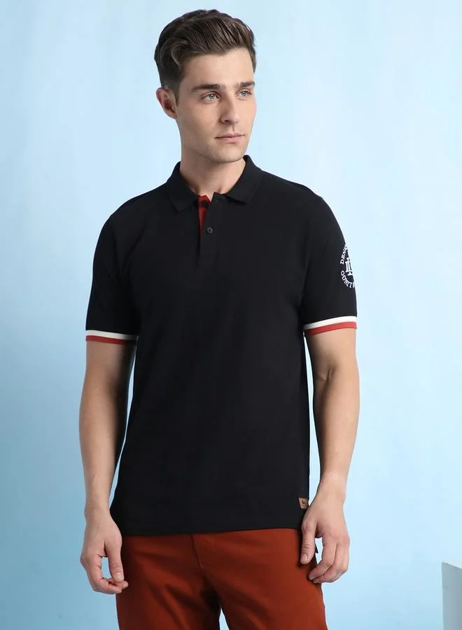 Men's Black Pique Solid Pattern Regular Fit T-Shirt