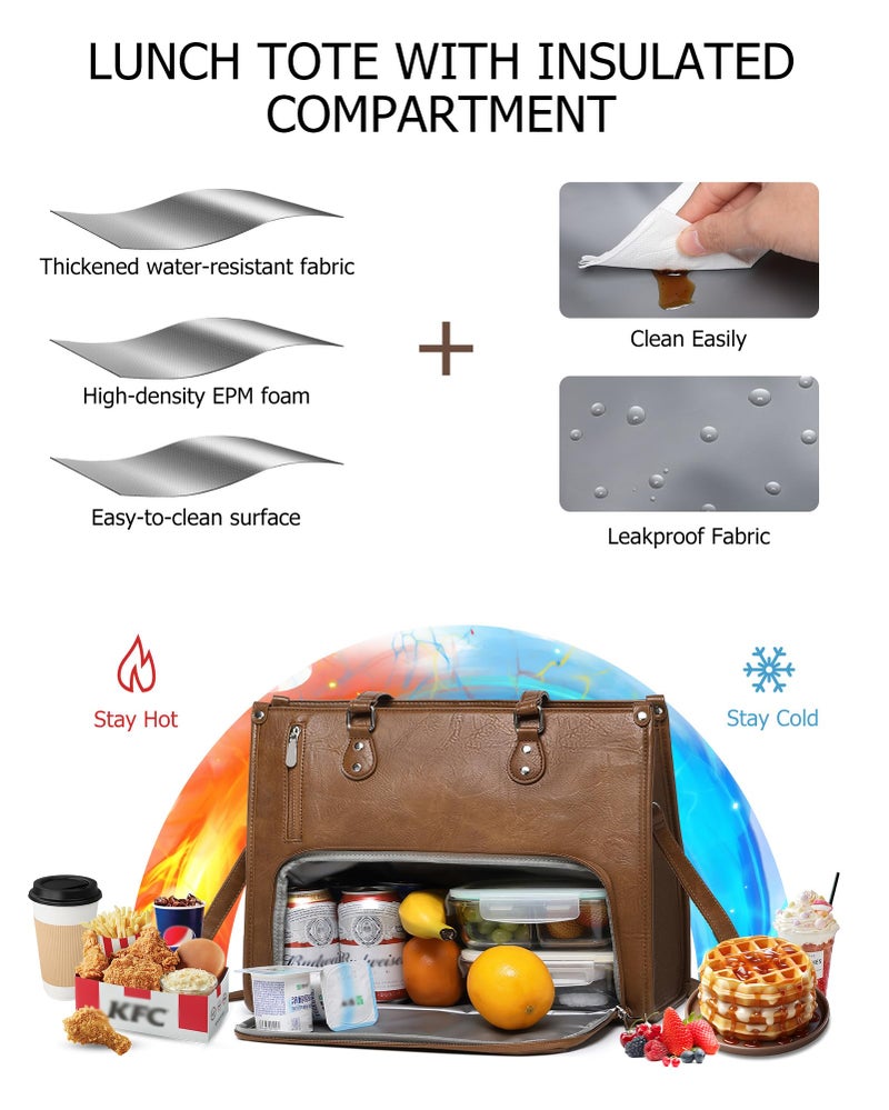 BAVERGE Lunch Tote Bag with Insulated Compartment for Women Work, Vegan Leather Laptop Bag with 15.6" Computer Compartment Small Purse for Daily Office Travel Picnic - Image 3