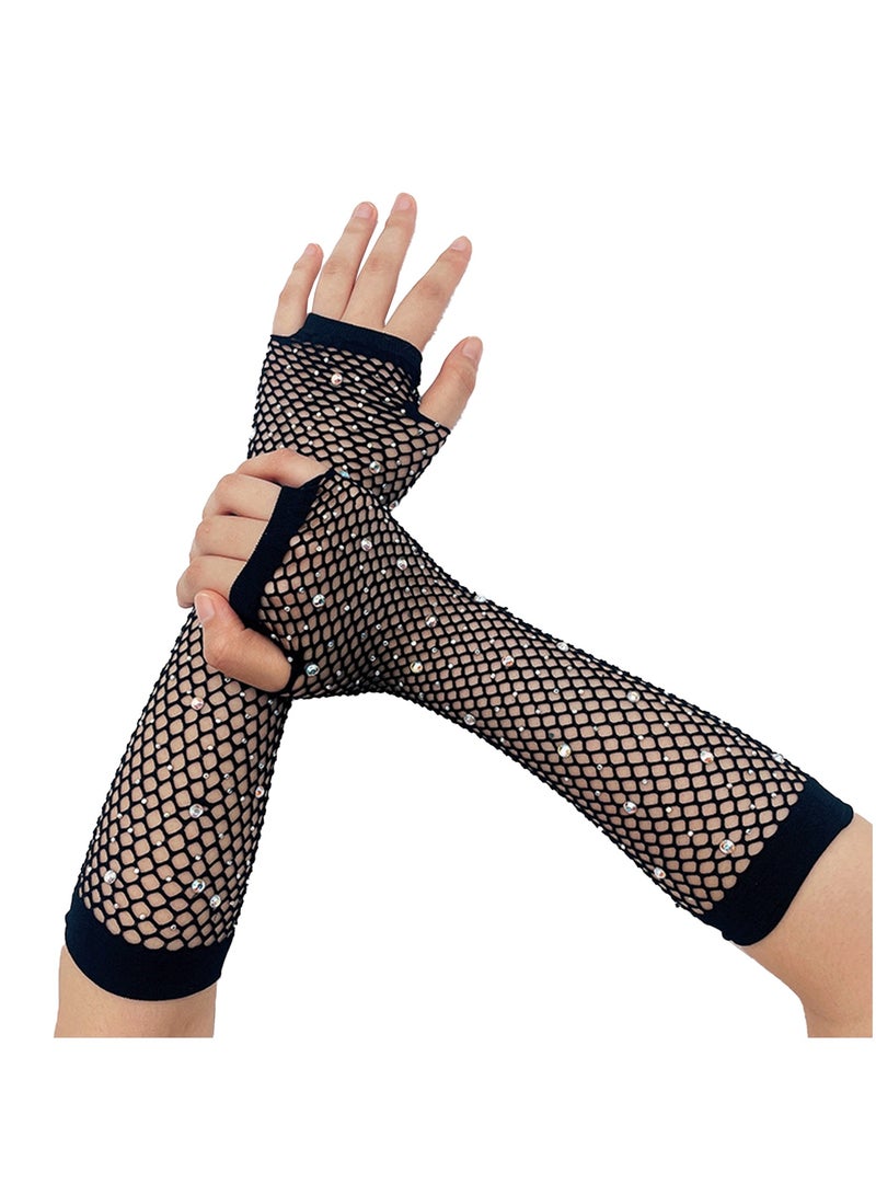 Women Girls Rhinestone Fingerless Fishnet Gloves,Fish Net Arm Sleeve for 80s Party（Black）  - Image 1