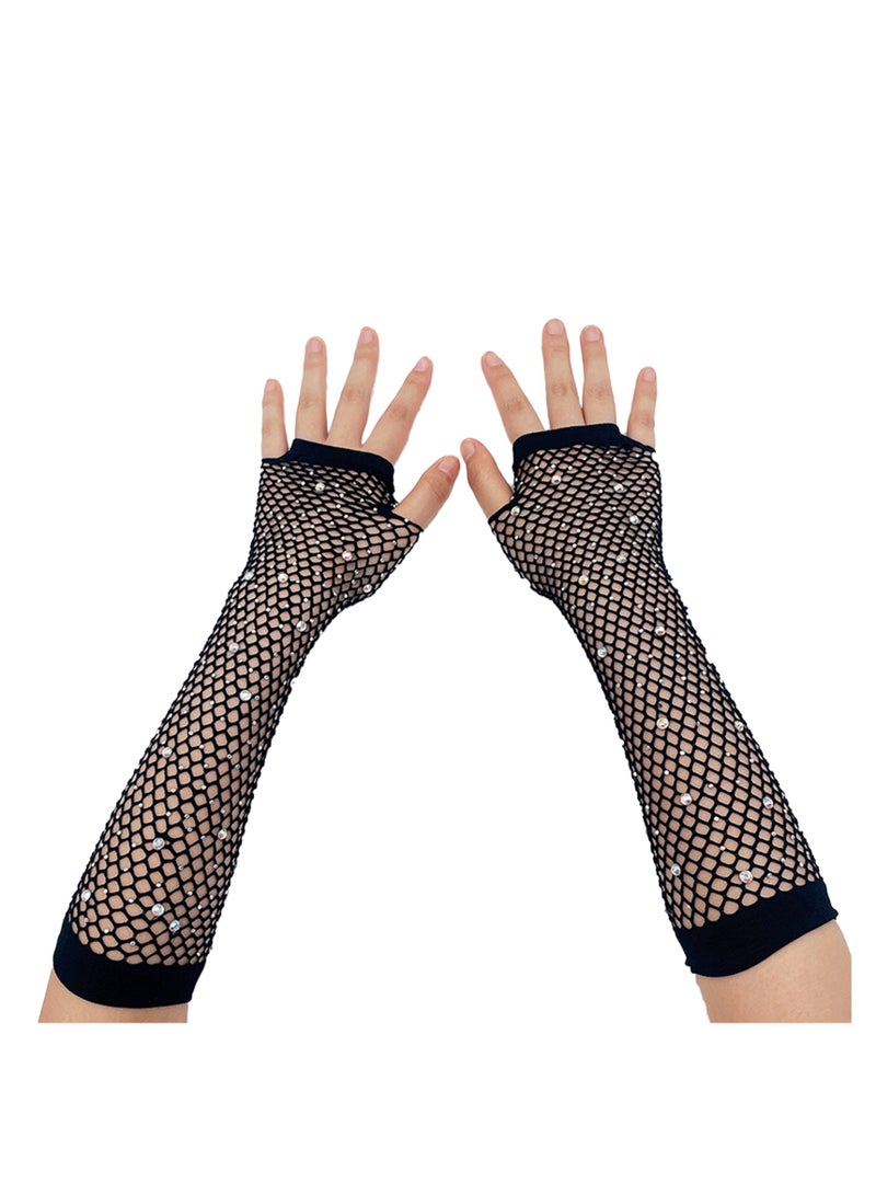 Women Girls Rhinestone Fingerless Fishnet Gloves,Fish Net Arm Sleeve for 80s Party（Black）  - Image 2
