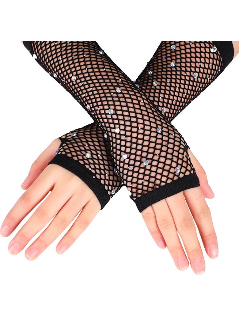 Women Girls Rhinestone Fingerless Fishnet Gloves,Fish Net Arm Sleeve for 80s Party（Black）  - Image 3