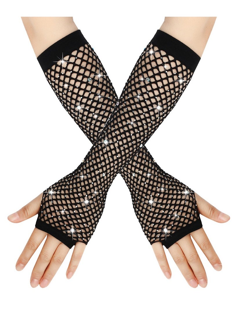 Women Girls Rhinestone Fingerless Fishnet Gloves,Fish Net Arm Sleeve for 80s Party（Black）  - Image 4