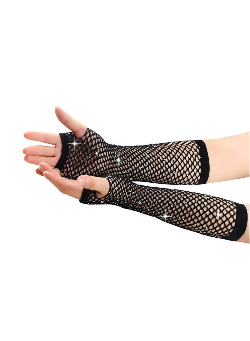 Women Girls Rhinestone Fingerless Fishnet Gloves,Fish Net Arm Sleeve for 80s Party（Black）  - Image 5