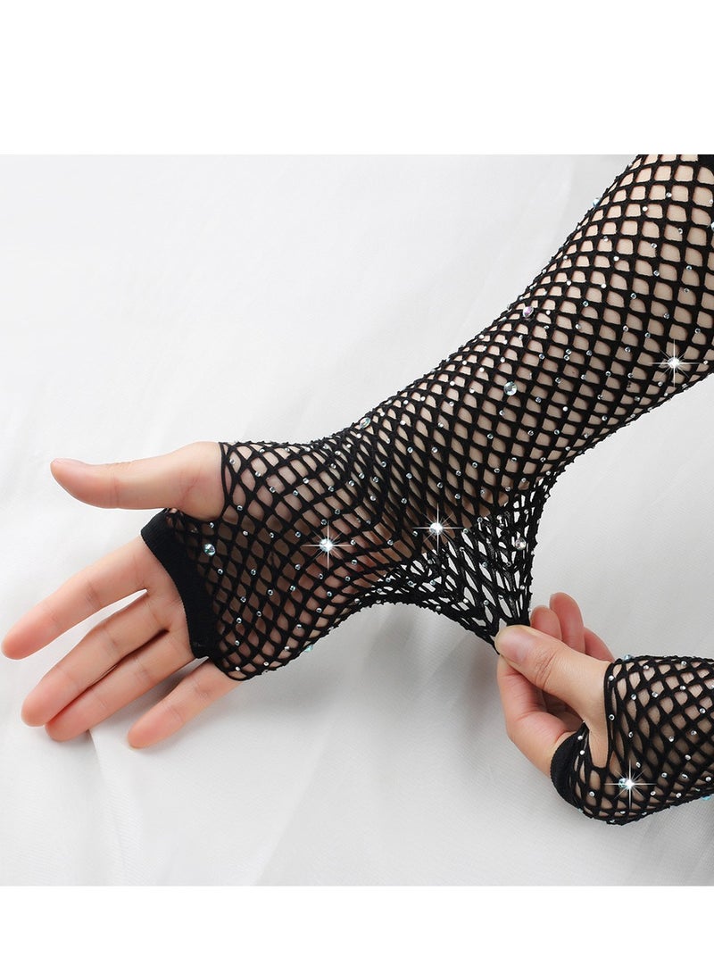 Women Girls Rhinestone Fingerless Fishnet Gloves,Fish Net Arm Sleeve for 80s Party（Black）