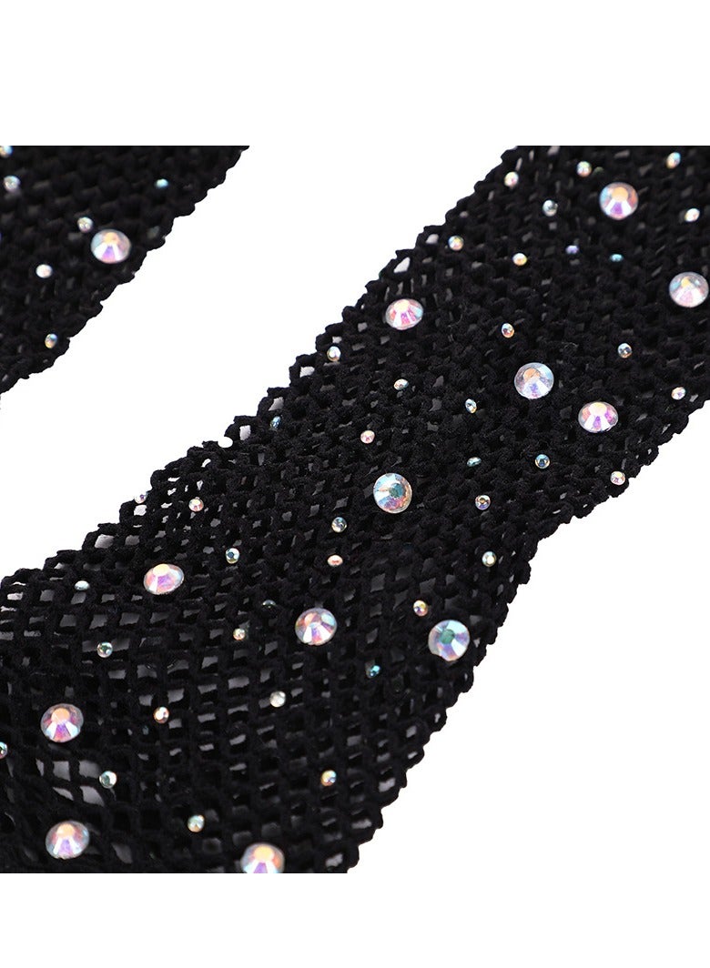 Women Girls Rhinestone Fingerless Fishnet Gloves,Fish Net Arm Sleeve for 80s Party（Black）