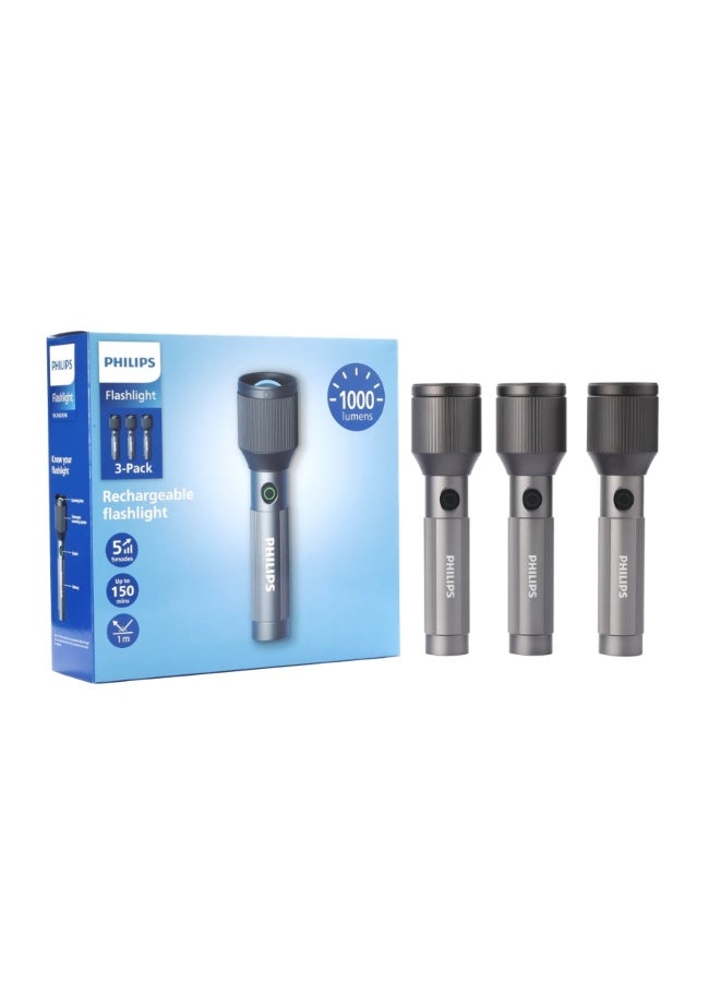 PHILIPS Rechargeable LED Flashlight 1000 Lumens | 900m Long Range Zoom Torch | Aircraft Aluminium Body | 2000mAh Battery | Strobe & SOS Modes | Pack of 3 SFL2142C3/56 grey 50*32*192mm