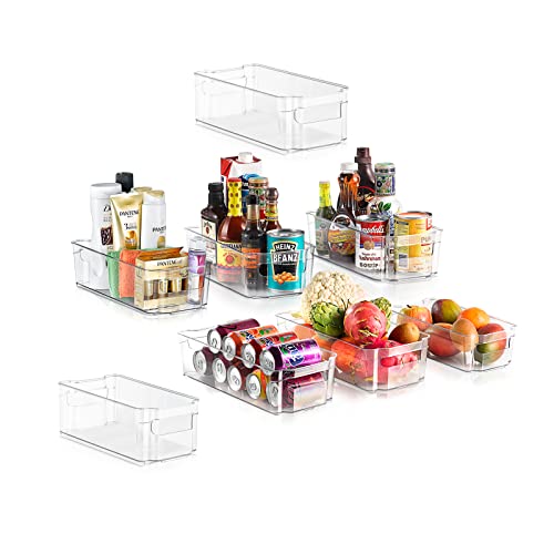 NutriChef Set of 8 Refrigerator Bins4 Wide and 4 Narrow Stackable Fridge Organizers for Freezer Kitchen Countertops CabinetsDesigned with Practical Carry Handles and Interior 8 containers Clear