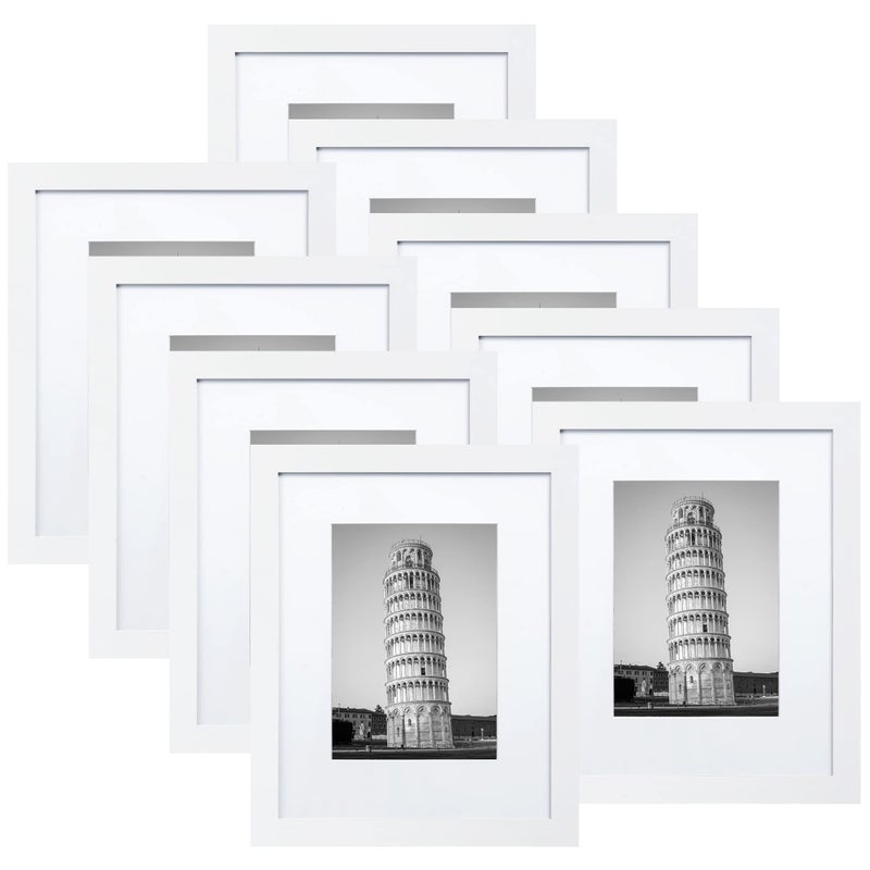 Wiscet Picture Frame Set of 9 11x14 with Mat or 8x10 White Classic Design Engineered Wood Wall Mount or Tabletop