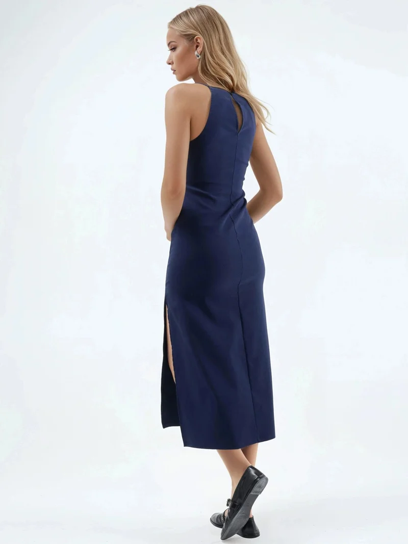 HICCUP Navy Blue Halter Neck Midi Dress with Slit for Women | Best Price UAE