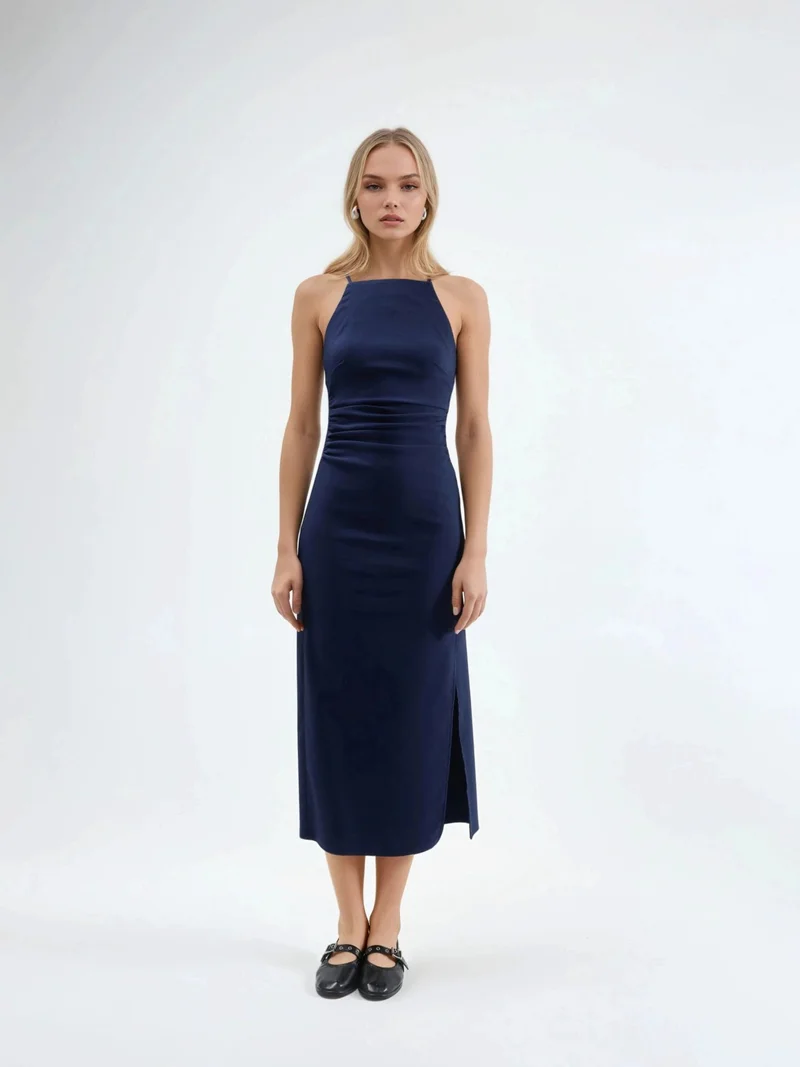 HICCUP Navy Blue Halter Neck Midi Dress with Slit for Women | Best Price UAE