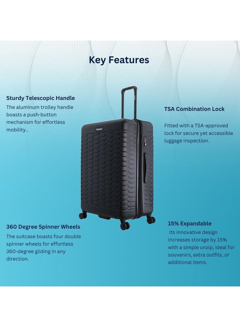 ديسكفري مجموعة حقائب سفر صلبة ديسكفري ريبتايل  سوداء، حقائب متينة خفيفة الوزن قابلة للتوسيع بعجلات مزدوجة وقفل ،  قطع ++ بوصة - Image 2