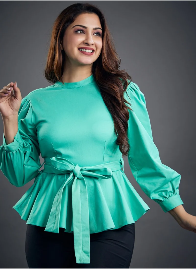 زجزاج Light Green Detailed Peplum Top