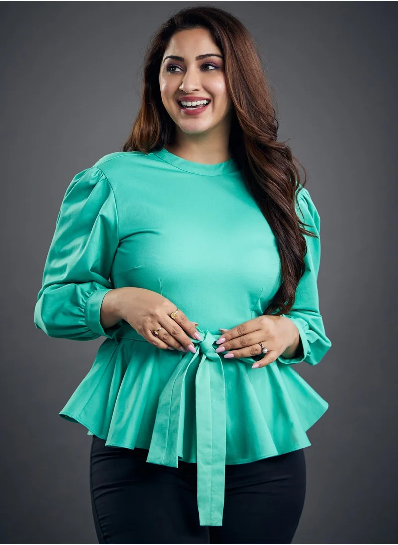 زجزاج Light Green Detailed Peplum Top