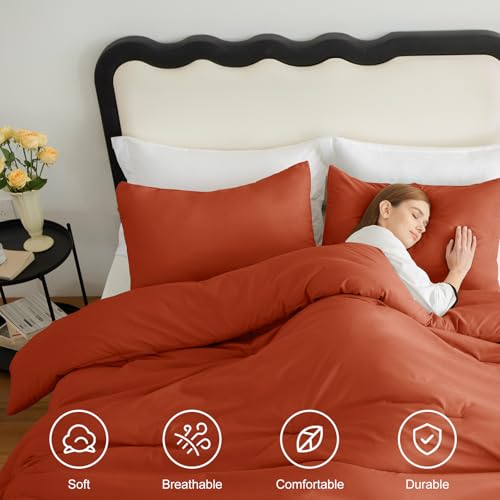 CozyLux Terracotta Queen Comforter Set, 3 Pieces Burnt Orange Rust Solid Breathable Quilted Bedding Sets, Luxury Fluffy Soft Bed Set with Down Alternative Comforter and 2 Pillowcases for All Season - Image 4