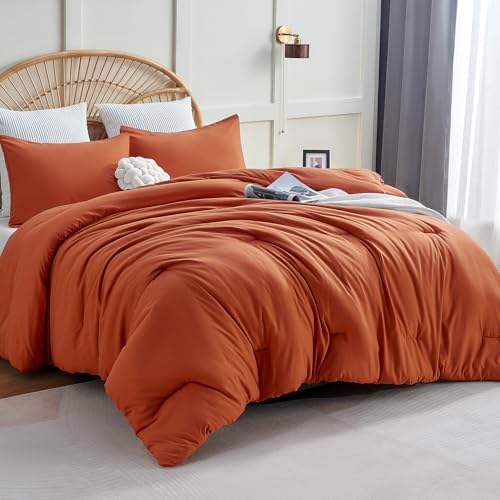 CozyLux Terracotta Queen Comforter Set, 3 Pieces Burnt Orange Rust Solid Breathable Quilted Bedding Sets, Luxury Fluffy Soft Bed Set with Down Alternative Comforter and 2 Pillowcases for All Season - Image 1