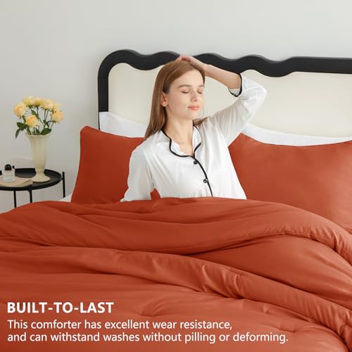 CozyLux Terracotta Queen Comforter Set, 3 Pieces Burnt Orange Rust Solid Breathable Quilted Bedding Sets, Luxury Fluffy Soft Bed Set with Down Alternative Comforter and 2 Pillowcases for All Season - Image 2