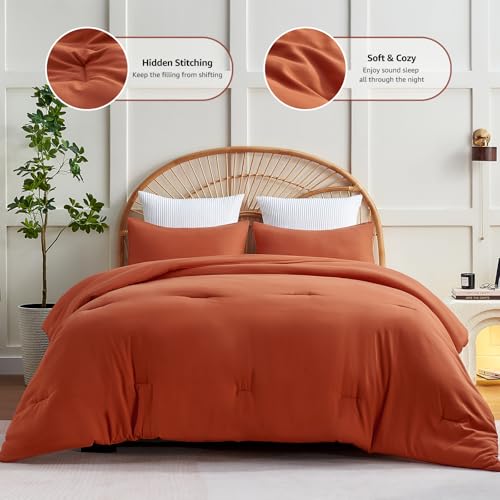 CozyLux Terracotta Queen Comforter Set, 3 Pieces Burnt Orange Rust Solid Breathable Quilted Bedding Sets, Luxury Fluffy Soft Bed Set with Down Alternative Comforter and 2 Pillowcases for All Season - Image 3