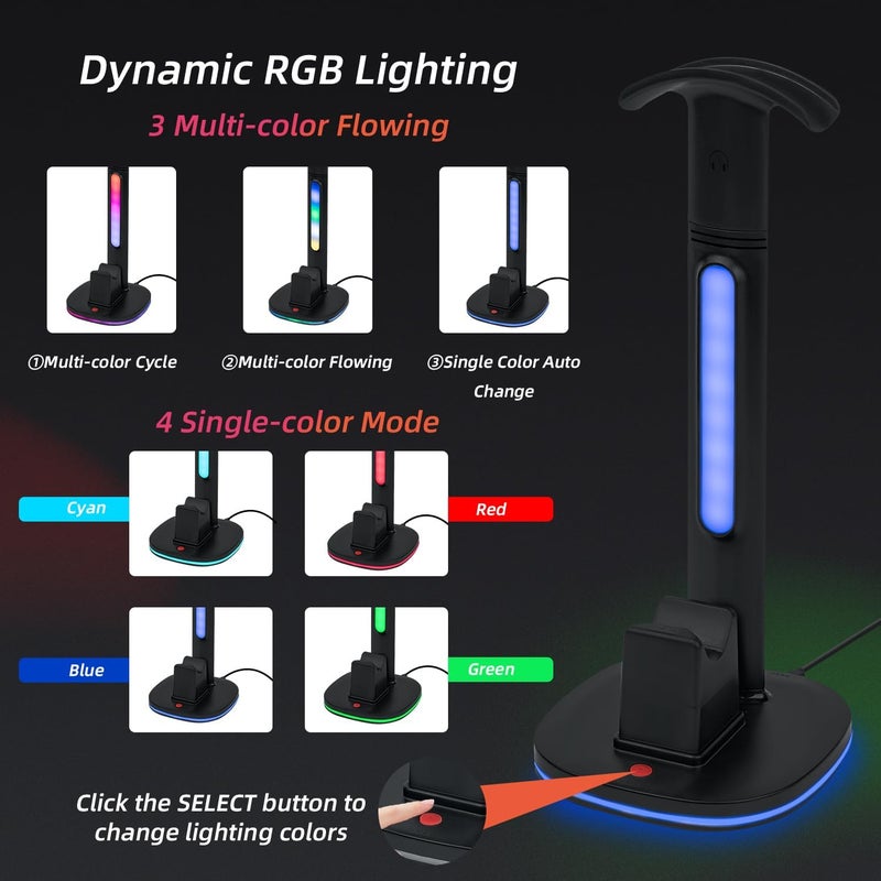 Mcbazel Controller Charging Station for PS5 with RGB Gaming Headset Stand, Fast Charging Dock with 2 USB Ports for PS5 & DualSense Edge Controller, RGB Desk Organizer-Black(not for ps5 Slim/Pro) - Image 3