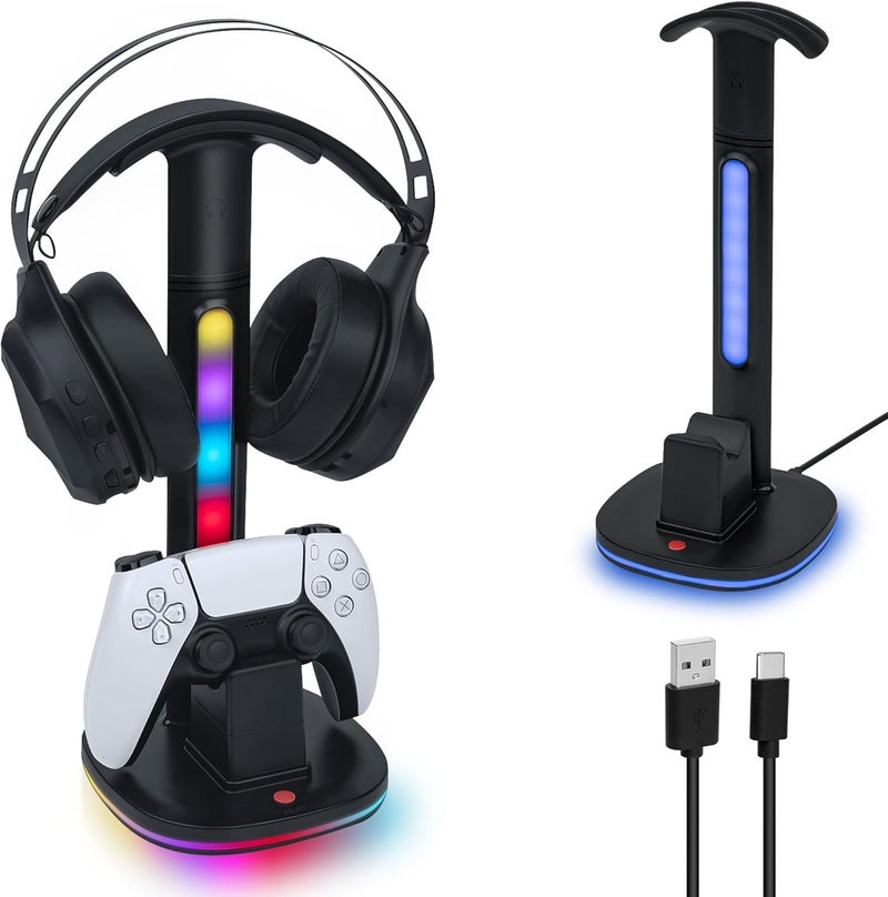 Mcbazel Controller Charging Station for PS5 with RGB Gaming Headset Stand, Fast Charging Dock with 2 USB Ports for PS5 & DualSense Edge Controller, RGB Desk Organizer-Black(not for ps5 Slim/Pro) - Image 1