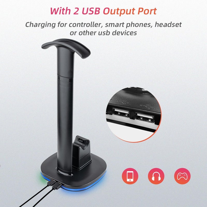 Mcbazel Controller Charging Station for PS5 with RGB Gaming Headset Stand, Fast Charging Dock with 2 USB Ports for PS5 & DualSense Edge Controller, RGB Desk Organizer-Black(not for ps5 Slim/Pro) - Image 4