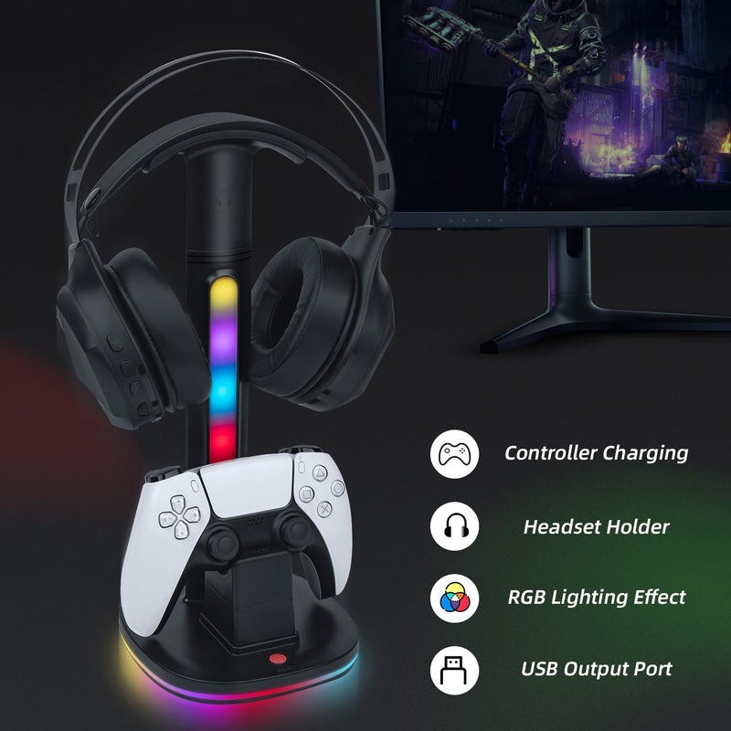 Mcbazel Controller Charging Station for PS5 with RGB Gaming Headset Stand, Fast Charging Dock with 2 USB Ports for PS5 & DualSense Edge Controller, RGB Desk Organizer-Black(not for ps5 Slim/Pro) - Image 5