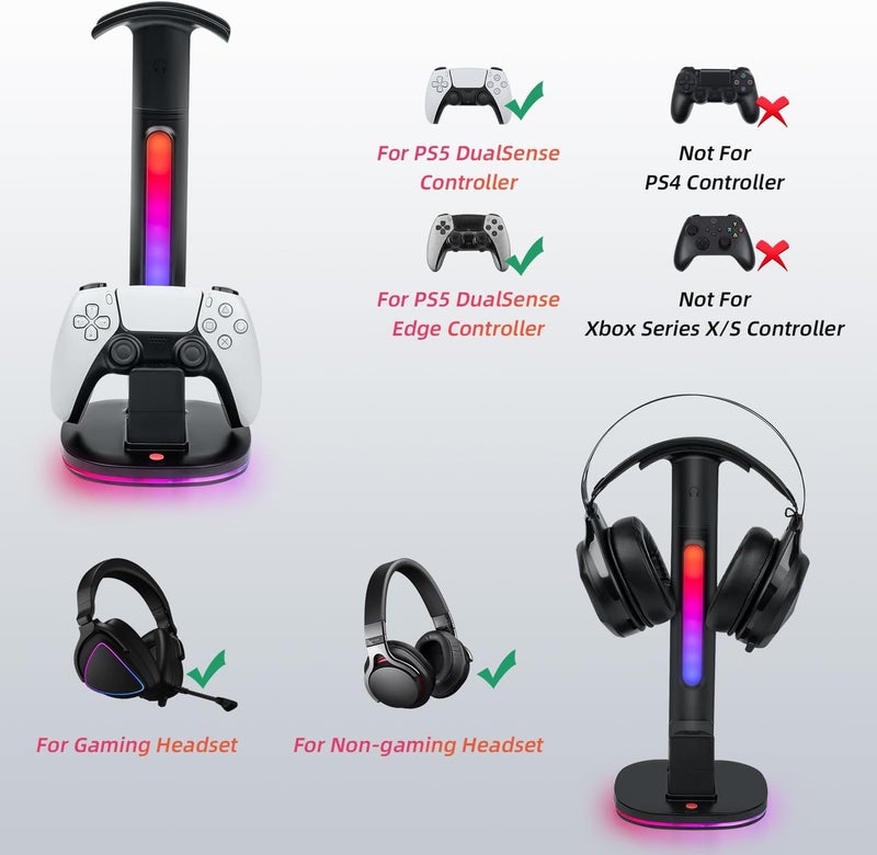 Mcbazel Controller Charging Station for PS5 with RGB Gaming Headset Stand, Fast Charging Dock with 2 USB Ports for PS5 & DualSense Edge Controller, RGB Desk Organizer-Black(not for ps5 Slim/Pro) - Image 2