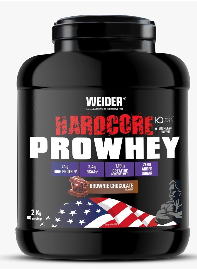 Weider Hardcore Pro Whey 2 Kg - 66 Servings - Brownie Chocolate Flavor - 24g High Protein - Zero Added Sugar 