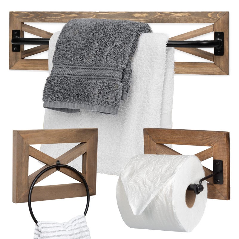 Ilyapa Rustic Towel Bar Toilet Paper Holder Set with Towel Ring for Bathroom- Wall Mounted Racks - Barnwood & Black Metal Bar, Farmhouse Decor - Image 1