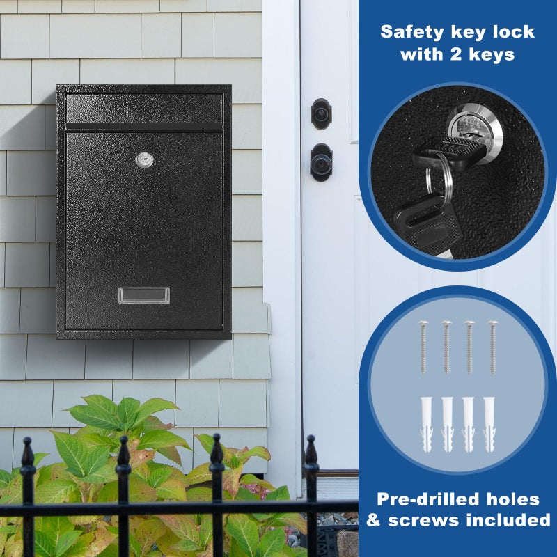 KYODOLED Key Lock Mailboxes for Outside, Locking Wall Mount Mailbox, Security Key Drop Box for Letters, Cash, Cards, Steel Mail Box for House Office School, 12.4H x 8.54L x 3.35W Inches, Black - Image 5