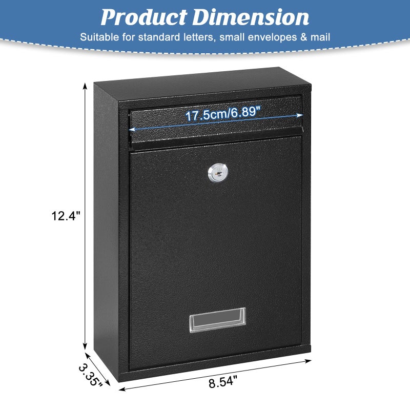KYODOLED Key Lock Mailboxes for Outside, Locking Wall Mount Mailbox, Security Key Drop Box for Letters, Cash, Cards, Steel Mail Box for House Office School, 12.4H x 8.54L x 3.35W Inches, Black - Image 3