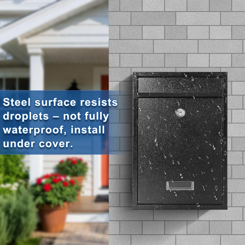 KYODOLED Key Lock Mailboxes for Outside, Locking Wall Mount Mailbox, Security Key Drop Box for Letters, Cash, Cards, Steel Mail Box for House Office School, 12.4H x 8.54L x 3.35W Inches, Black - Image 2