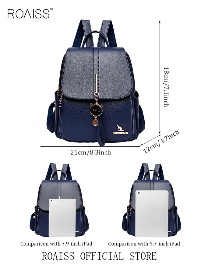 roaiss - Women Leather Backpack with Cowhide Pattern Creative Cat Decoration Fashionable Travel Bag Short Distance Luggage Bag - Image 1