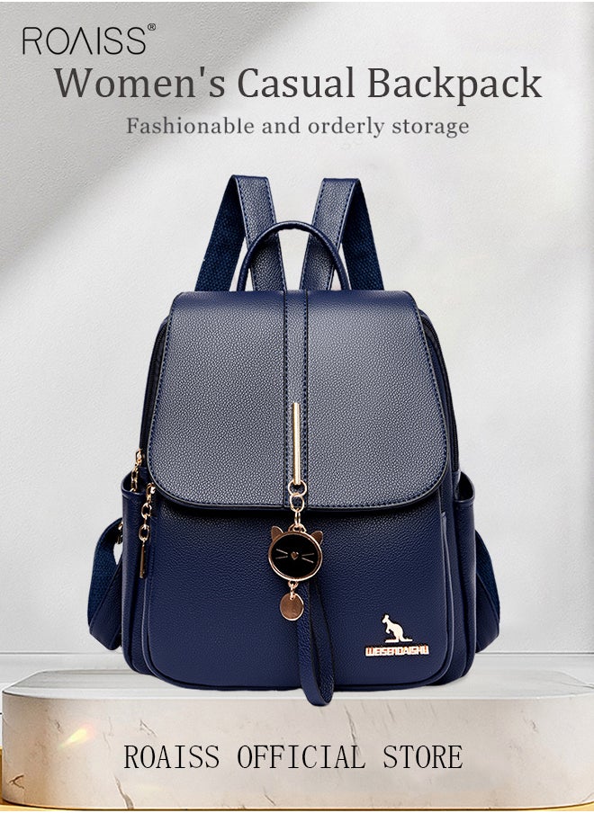 roaiss - Women Leather Backpack with Cowhide Pattern Creative Cat Decoration Fashionable Travel Bag Short Distance Luggage Bag - Image 1