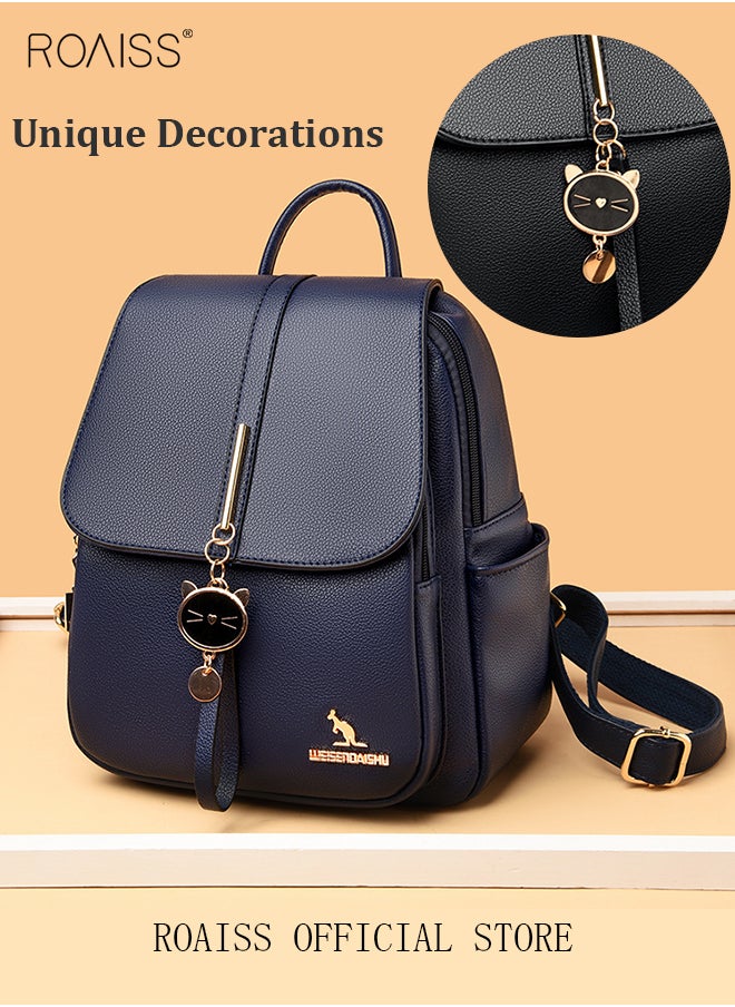 roaiss - Women Leather Backpack with Cowhide Pattern Creative Cat Decoration Fashionable Travel Bag Short Distance Luggage Bag - Image 1